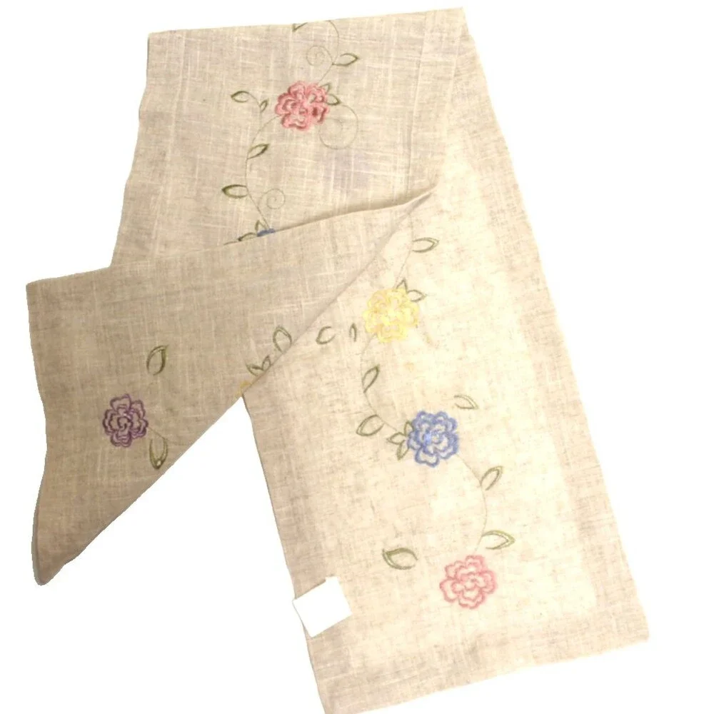 Natural Linen Taupe Embroidered Cutwork Floral Table Runner 13
